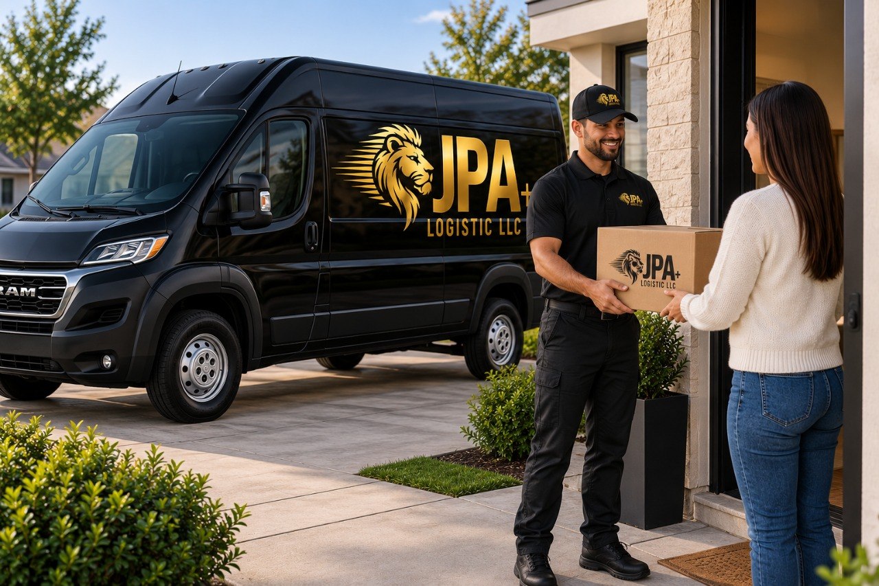 JPA Logistics LLC driver handing a package to a customer beside a branded delivery van
