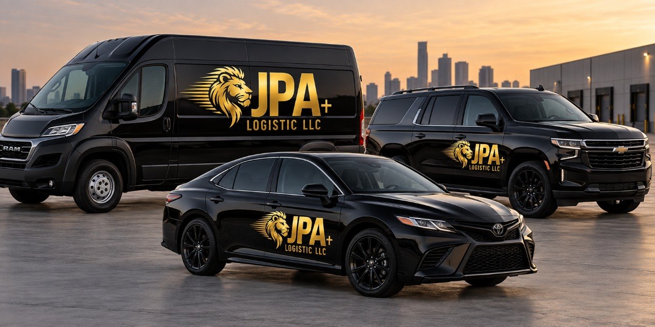 JPA Logistics LLC branded delivery vehicles in front of a city skyline